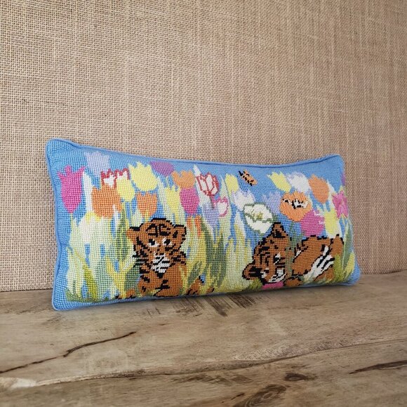 Vintage Hand-Stitched Needlepoint Pillow Tiger Cubs Tulip Flowers Cottagecore - Picture 13 of 13